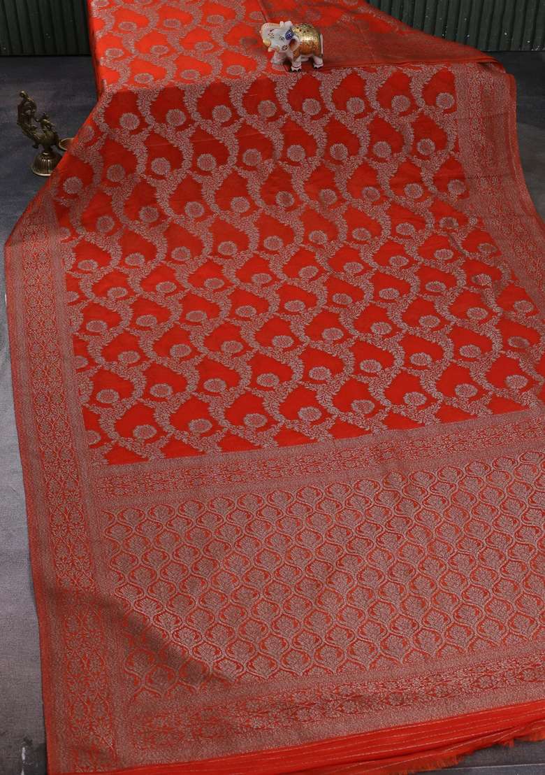 Banarasi Semi Crepe Saree Orange With Allover Thread Zari Weaves And Woven Border With Traditional Woven Design For Women - Indya