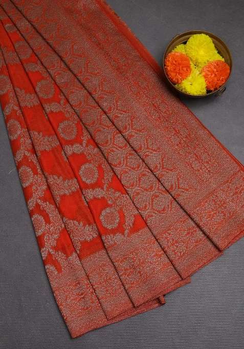 Banarasi Semi Crepe Saree Orange With Allover Thread Zari Weaves And Woven Border With Traditional Woven Design For Women