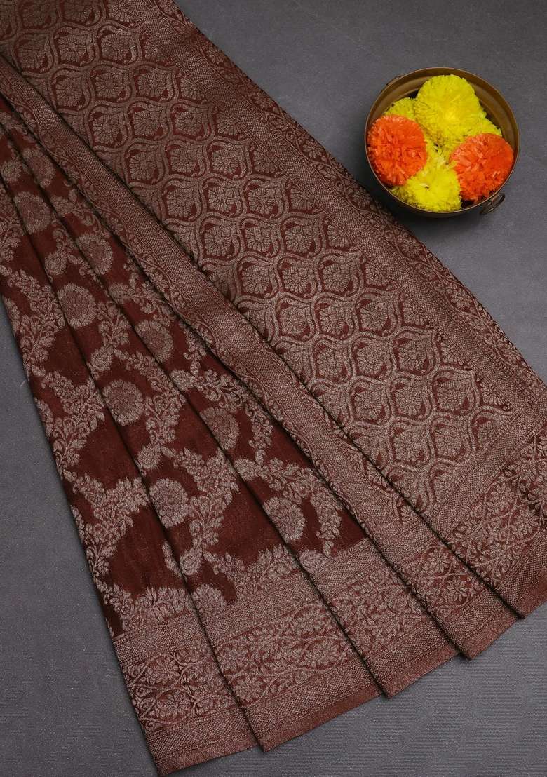 Banarasi Semi Crepe Saree Brown With Allover Thread Zari Weaves And Woven Border With Traditional Woven Design For Women - Indya
