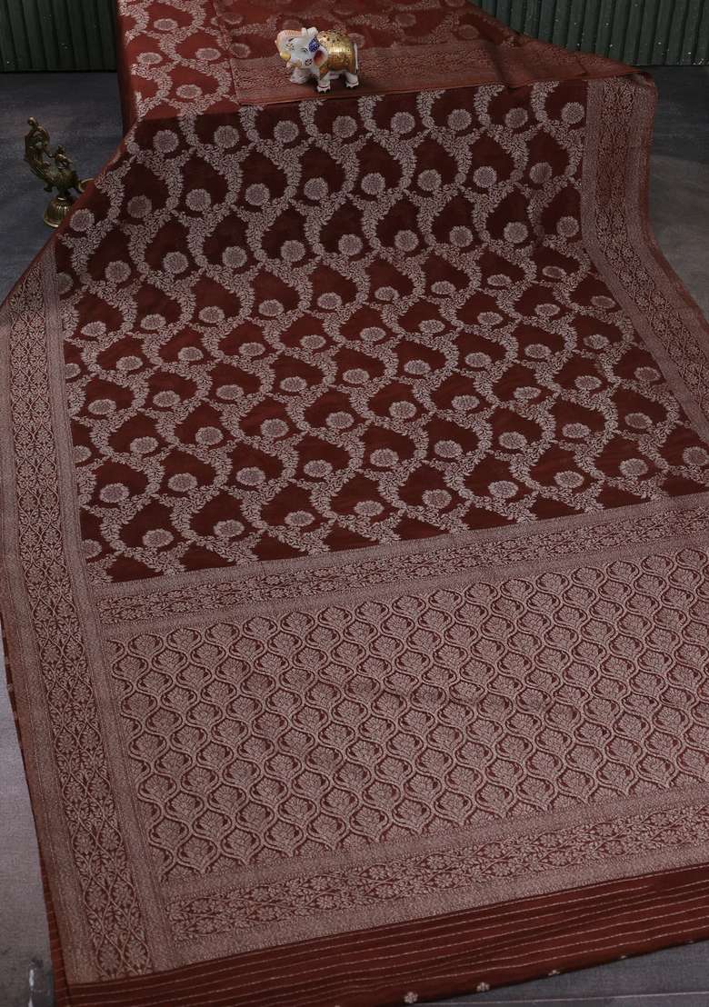 Banarasi Semi Crepe Saree Brown With Allover Thread Zari Weaves And Woven Border With Traditional Woven Design For Women - Indya