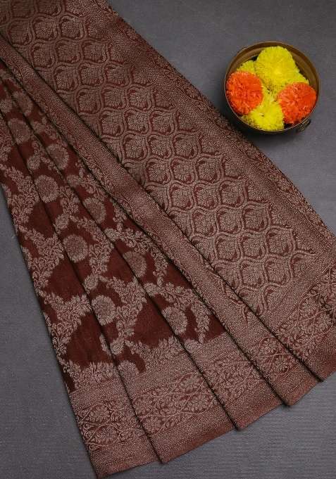 Banarasi Semi Crepe Saree Brown With Allover Thread Zari Weaves And Woven Border With Traditional Woven Design For Women