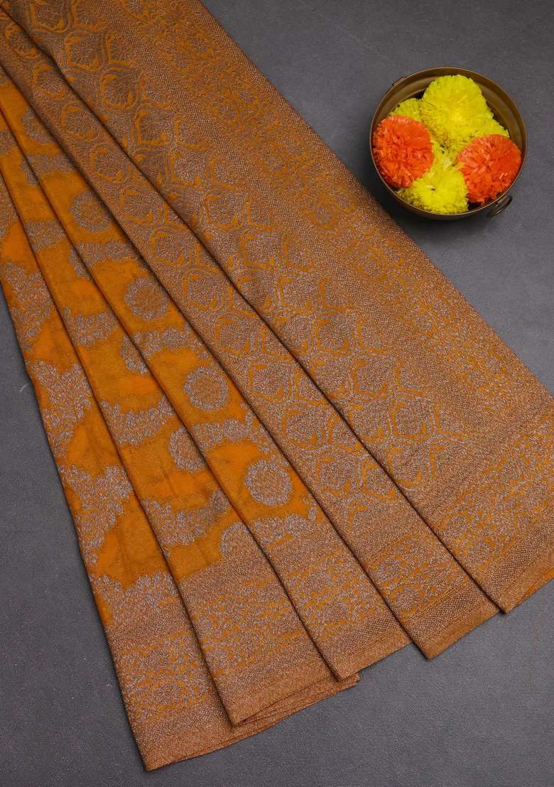 Banarasi Semi Crepe Saree Mustard Yellow With Allover Thread Zari Weaves And Woven Border With Traditional Woven Design For Women - Indya