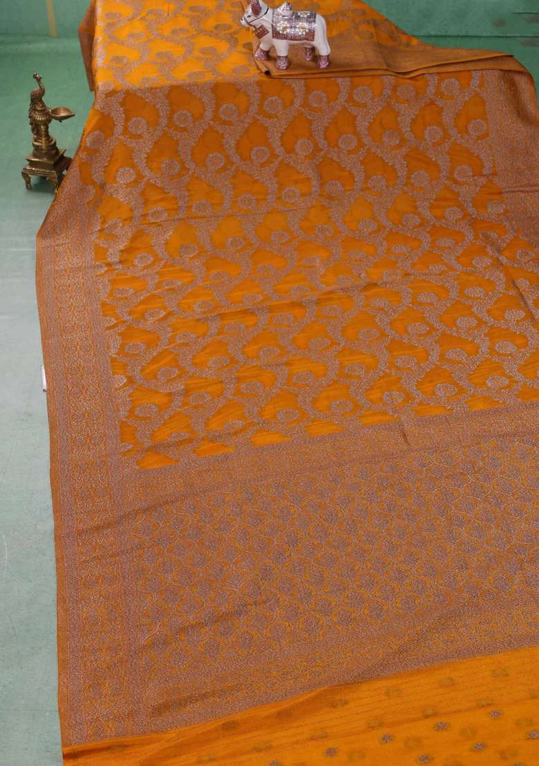 Banarasi Semi Crepe Saree Mustard Yellow With Allover Thread Zari Weaves And Woven Border With Traditional Woven Design For Women - Indya