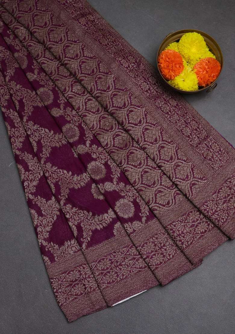 Banarasi Semi Crepe Saree Purple With Allover Thread Zari Weaves And Woven Border With Traditional Woven Design For Women - Indya