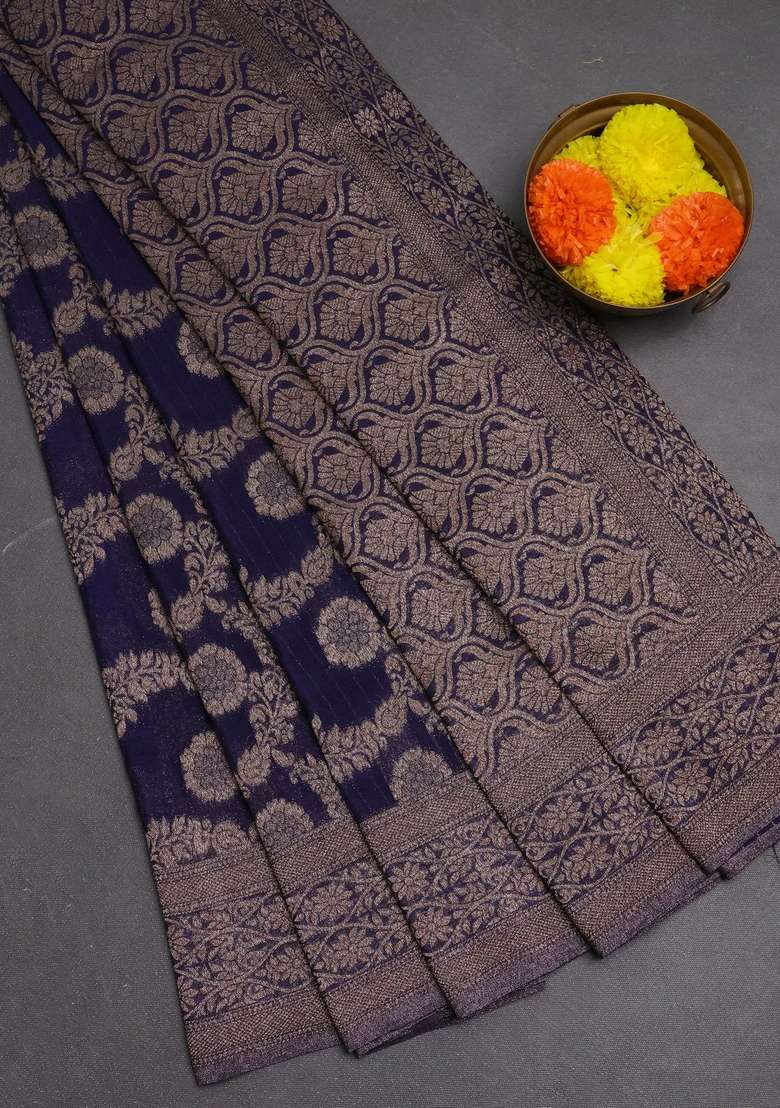 Banarasi Semi Crepe Saree Navy Blue With Allover Thread Zari Weaves And Woven Border With Traditional Woven Design For Women - Indya