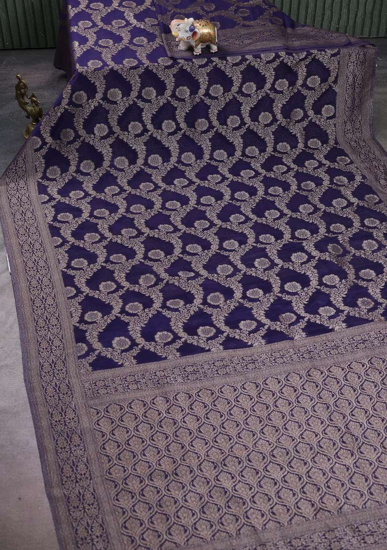 Banarasi Semi Crepe Saree Navy Blue With Allover Thread Zari Weaves And Woven Border With Traditional Woven Design For Women - Indya