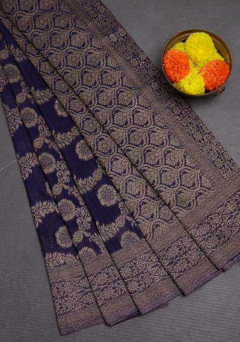 Banarasi Semi Crepe Saree Navy Blue With Allover Thread Zari Weaves And Woven Border With Traditional Woven Design For Women