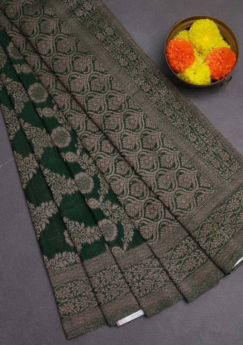 Banarasi Semi Crepe Saree Green With Allover Thread Zari Weaves And Woven Border With Traditional Woven Design For Women - Indya