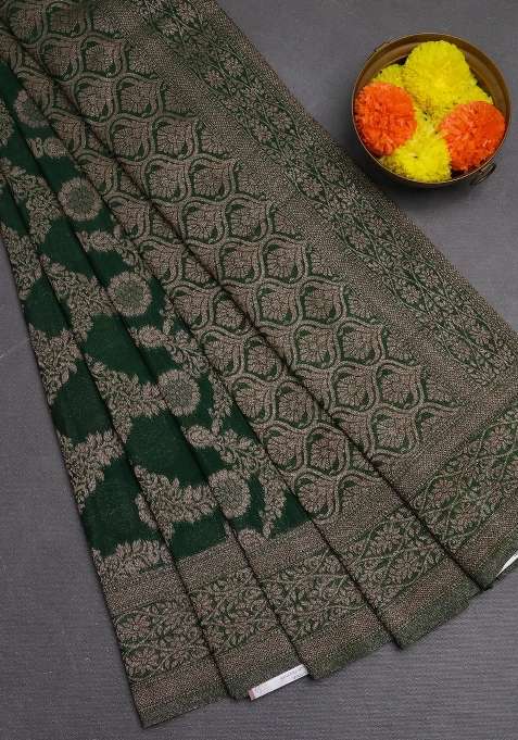 Banarasi Semi Crepe Saree Green With Allover Thread Zari Weaves And Woven Border With Traditional Woven Design For Women