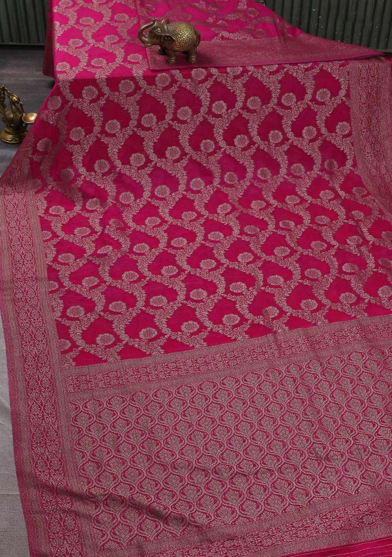 Banarasi Semi Crepe Saree Pink With Allover Thread Zari Weaves And Woven Border With Traditional Woven Design For Women - Indya