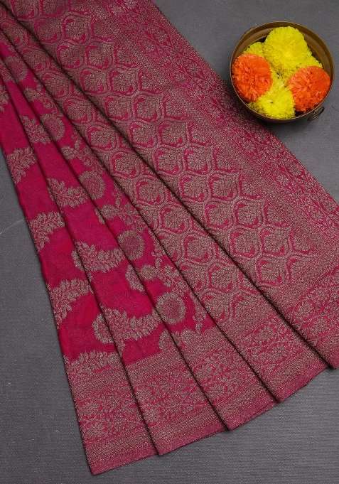 Banarasi Semi Crepe Saree Pink With Allover Thread Zari Weaves And Woven Border With Traditional Woven Design For Women