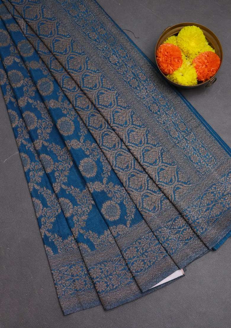 Banarasi Semi Crepe Saree Cs Blue With Allover Thread Zari Weaves And Woven Border With Traditional Woven Design For Women - Indya