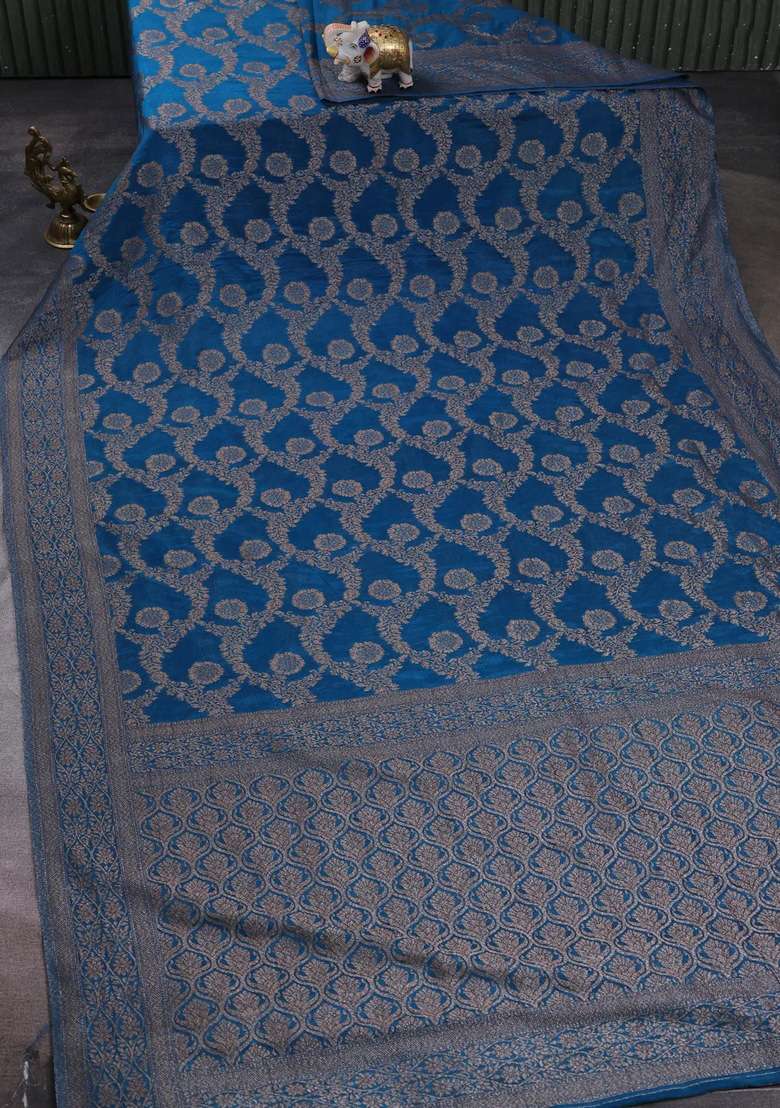 Banarasi Semi Crepe Saree Cs Blue With Allover Thread Zari Weaves And Woven Border With Traditional Woven Design For Women - Indya