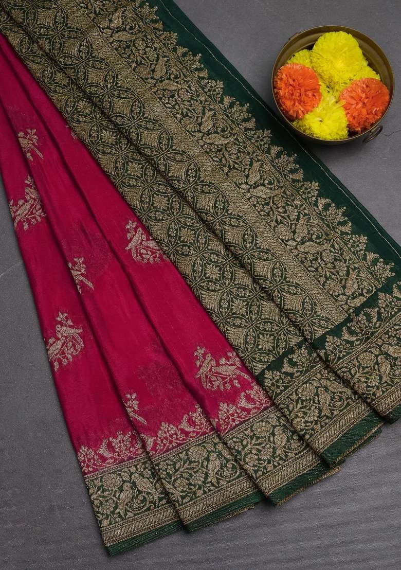 Banarasi Semi Crepe Saree Pink And Dark Green With Woven Buttas And Woven Border With Buttas And Brocade Design For Women - Indya