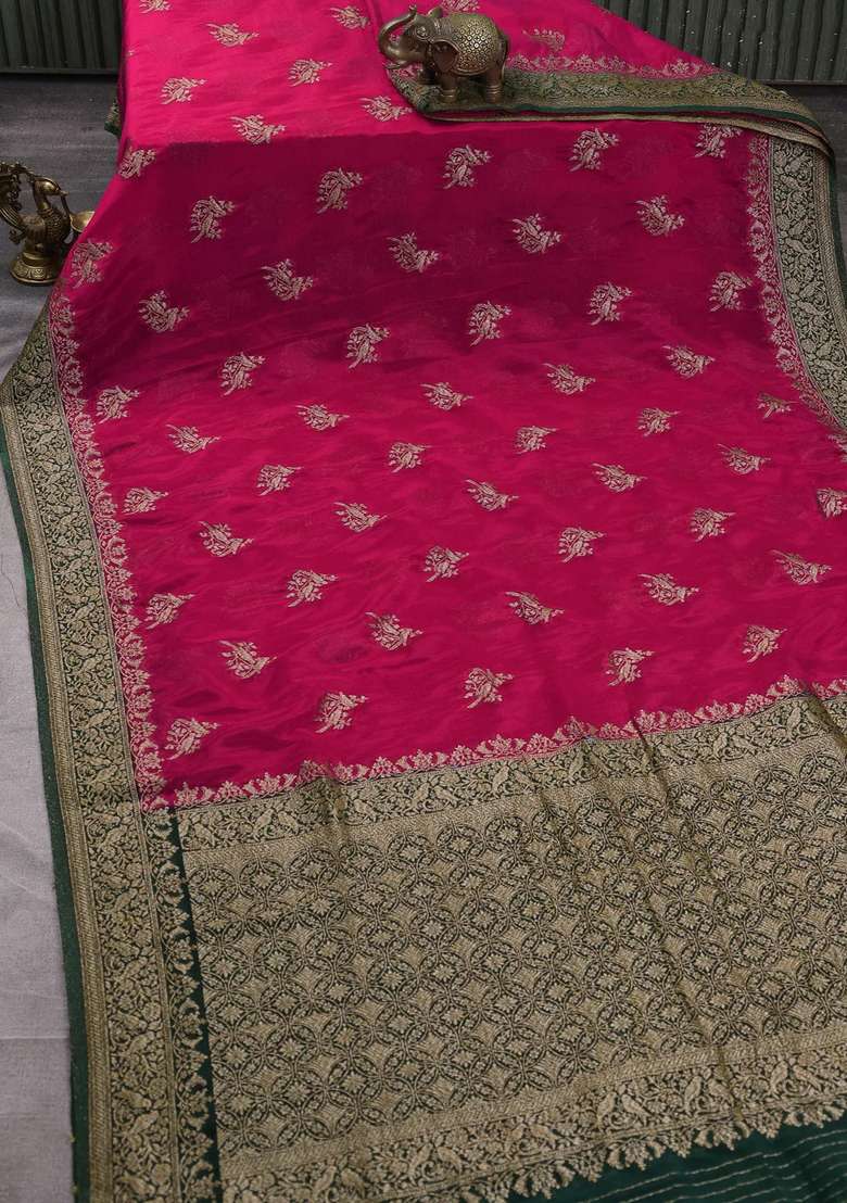 Banarasi Semi Crepe Saree Pink And Dark Green With Woven Buttas And Woven Border With Buttas And Brocade Design For Women - Indya