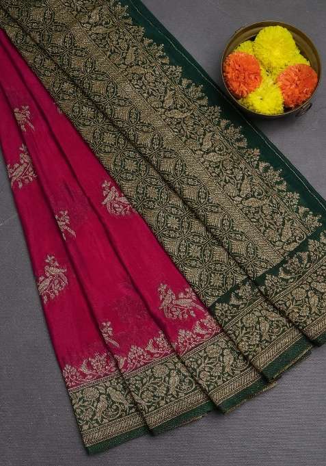 Banarasi Semi Crepe Saree Pink And Dark Green With Woven Buttas And Woven Border With Buttas And Brocade Design For Women