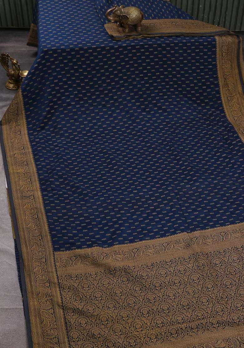 Banarasi Semi Crepe Saree Cs Blue With Allover Woven Buttas And Woven Border With Buttas And Brocade Design For Women - Indya