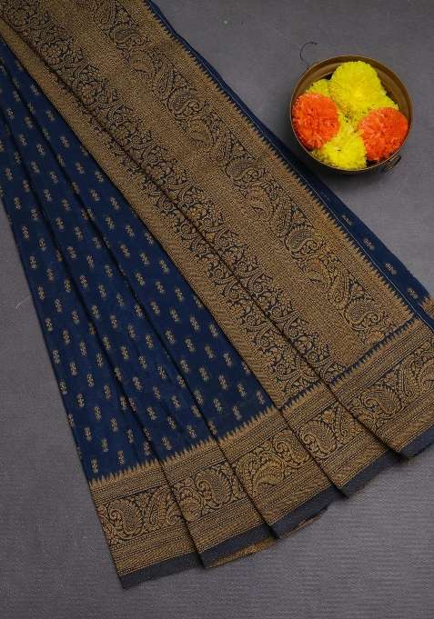 Banarasi Semi Crepe Saree Cs Blue With Allover Woven Buttas And Woven Border With Buttas And Brocade Design For Women