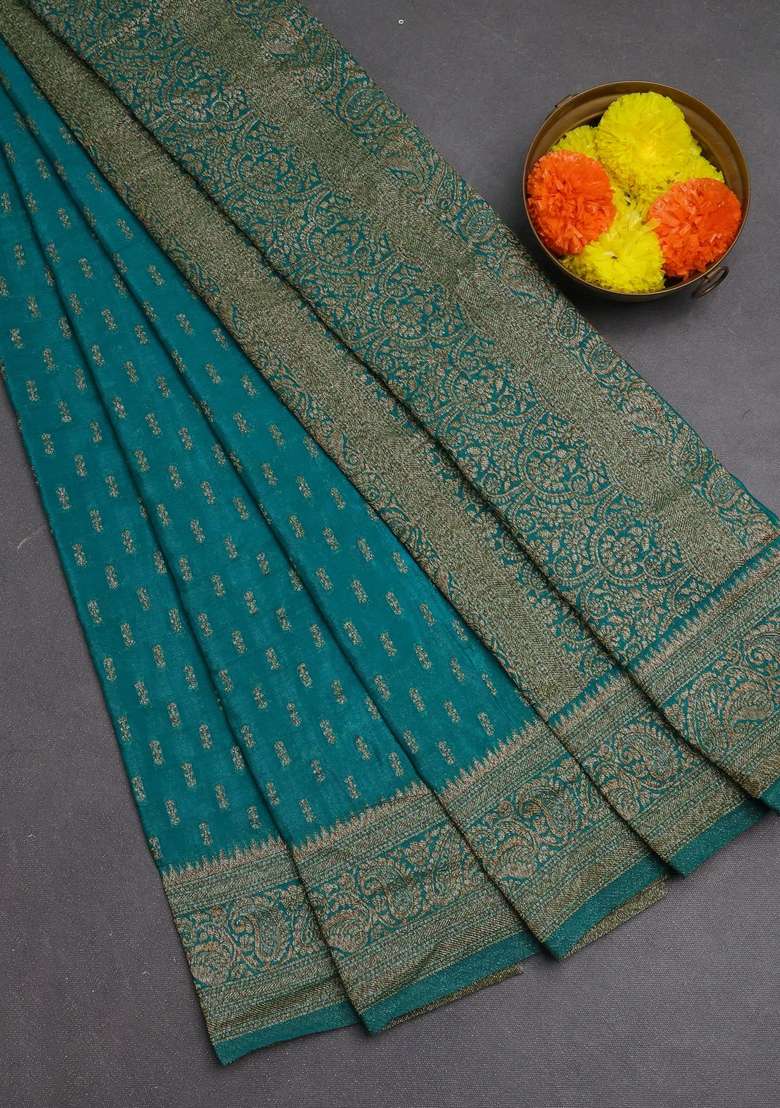 Banarasi Semi Crepe Saree Teal Green With Allover Woven Buttas And Woven Border With Buttas And Brocade Design For Women - Indya