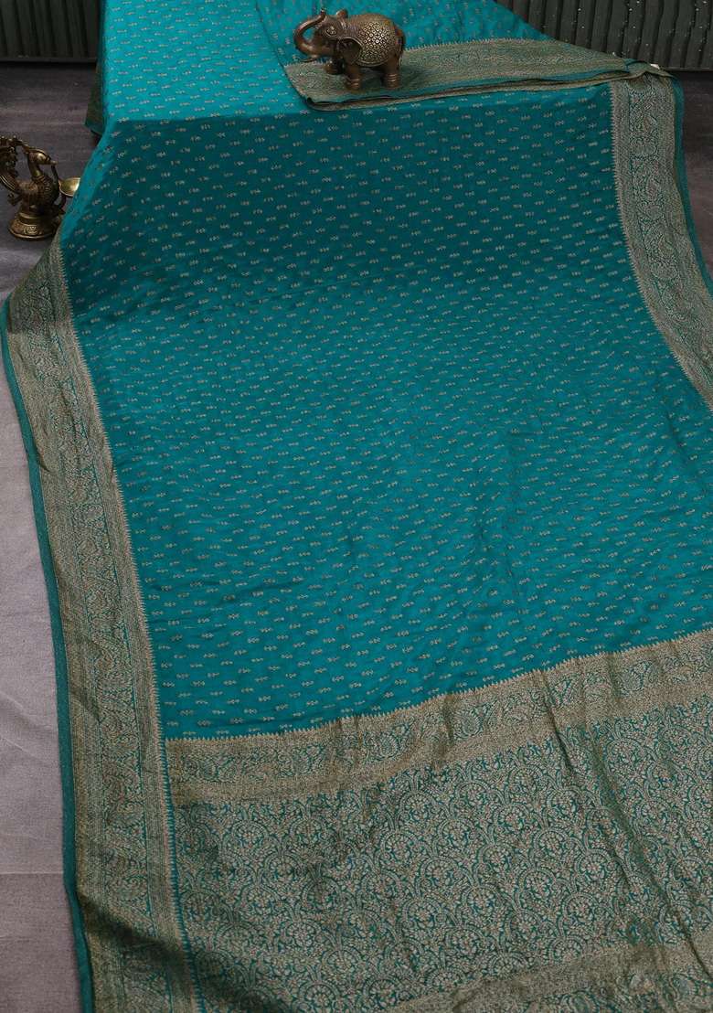 Banarasi Semi Crepe Saree Teal Green With Allover Woven Buttas And Woven Border With Buttas And Brocade Design For Women - Indya