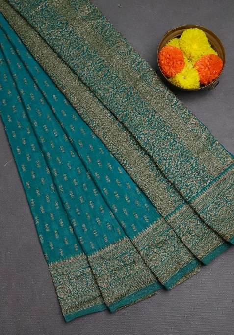 Banarasi Semi Crepe Saree Teal Green With Allover Woven Buttas And Woven Border With Buttas And Brocade Design For Women