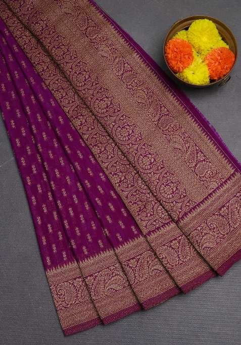 Banarasi Semi Crepe Saree Purple With Allover Woven Buttas And Woven Border With Buttas And Brocade Design For Women