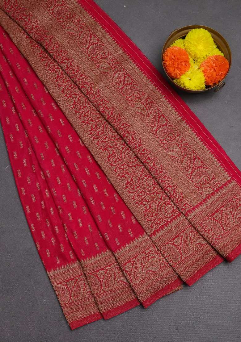 Banarasi Semi Crepe Saree Pink With Allover Woven Buttas And Woven Border With Buttas And Brocade Design For Women - Indya