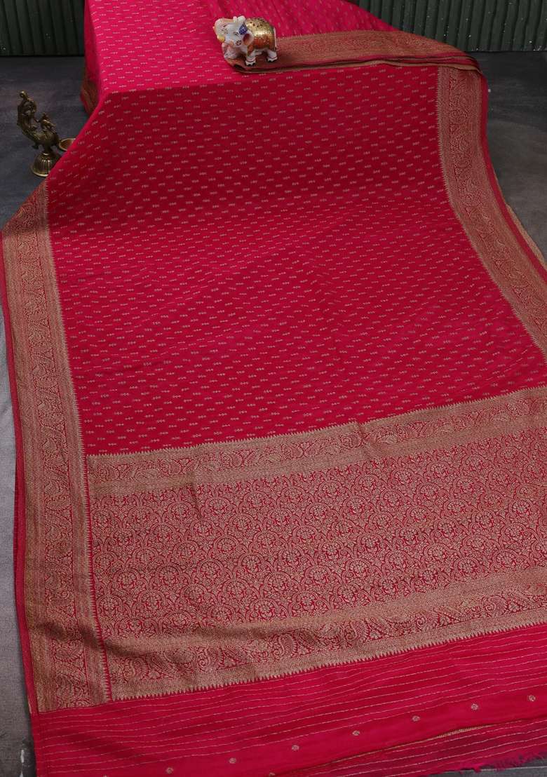 Banarasi Semi Crepe Saree Pink With Allover Woven Buttas And Woven Border With Buttas And Brocade Design For Women - Indya
