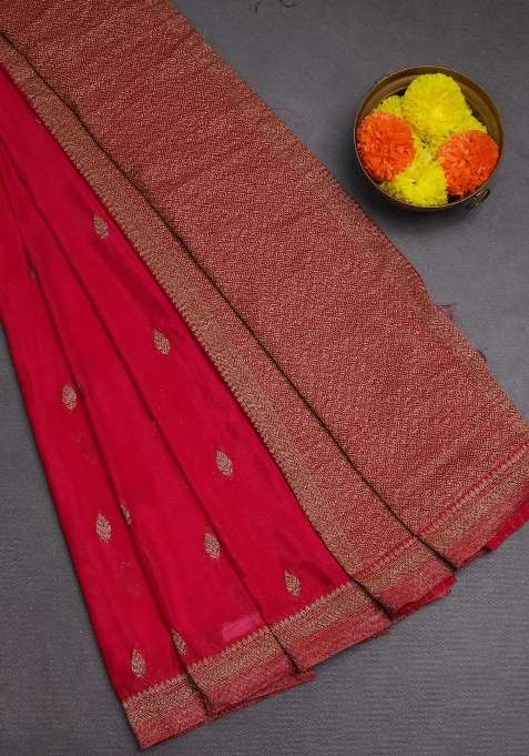 Banarasi Semi Crepe Saree Pink With Woven Buttas And Woven Border With Buttas And Brocade Design For Women