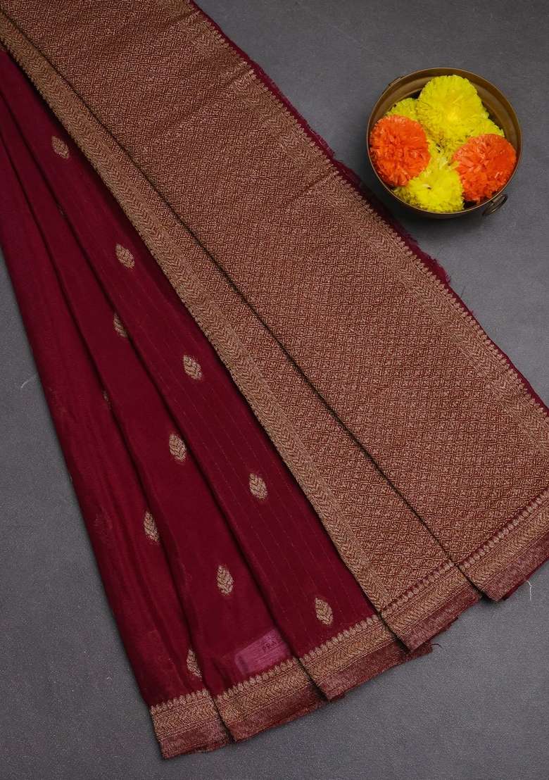 Banarasi Semi Crepe Saree Wine Shade With Woven Buttas And Woven Border With Buttas And Brocade Design For Women - Indya