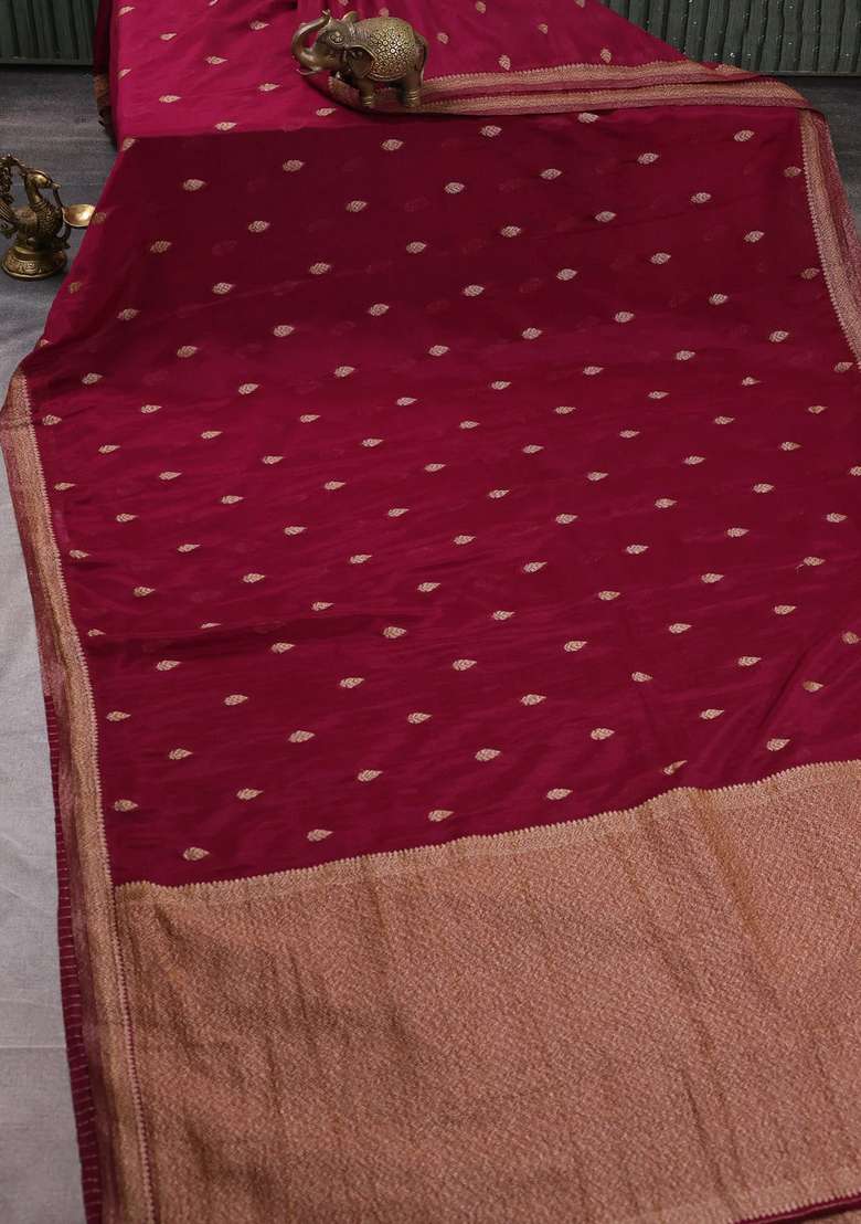 Banarasi Semi Crepe Saree Wine Shade With Woven Buttas And Woven Border With Buttas And Brocade Design For Women - Indya