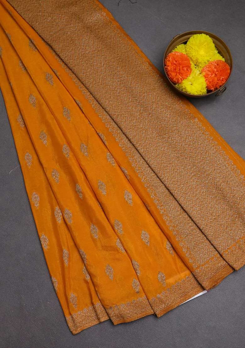 Banarasi Semi Crepe Saree Mango Yellow With Woven Buttas And Woven Border With Buttas And Brocade Design For Women - Indya