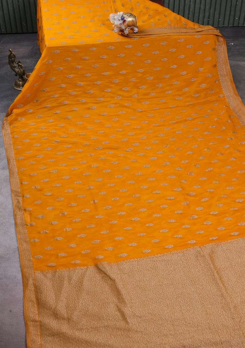 Banarasi Semi Crepe Saree Mango Yellow With Woven Buttas And Woven Border With Buttas And Brocade Design For Women - Indya