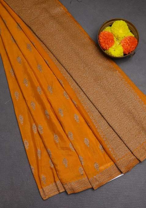 Banarasi Semi Crepe Saree Mango Yellow With Woven Buttas And Woven Border With Buttas And Brocade Design For Women