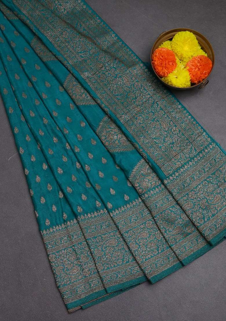 Banarasi Semi Crepe Saree Teal Green With Woven Buttas And Woven Border With Buttas And Brocade Design For Women - Indya