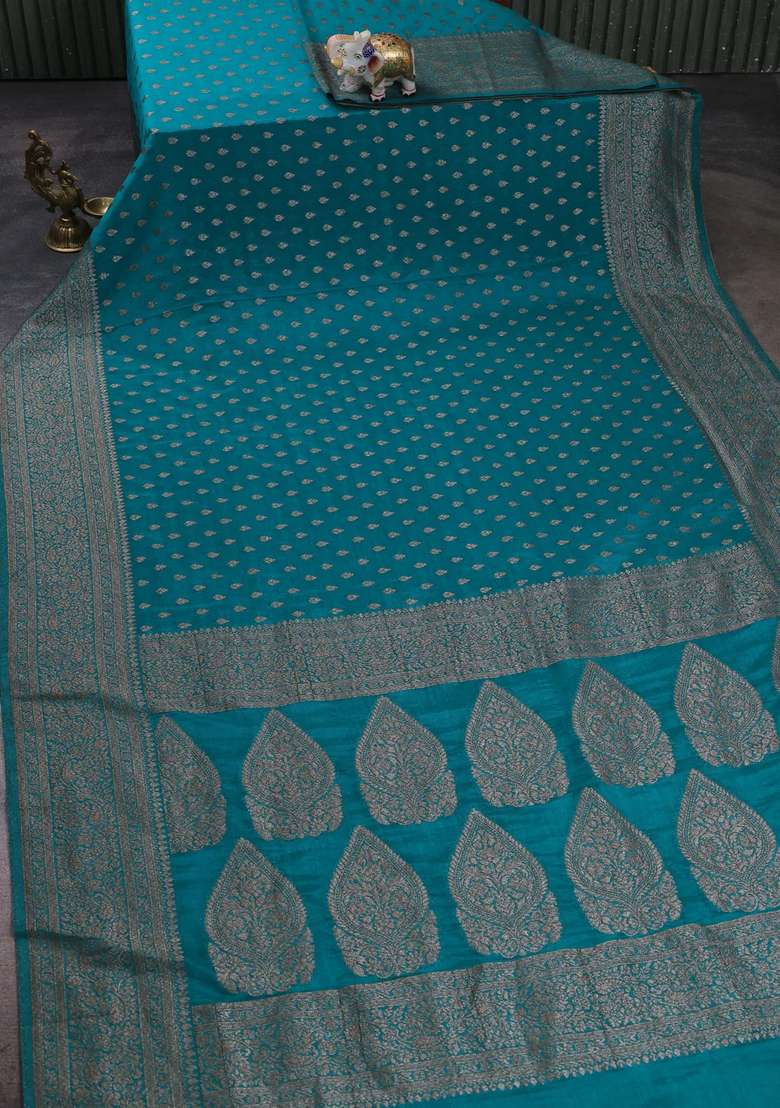 Banarasi Semi Crepe Saree Teal Green With Woven Buttas And Woven Border With Buttas And Brocade Design For Women - Indya