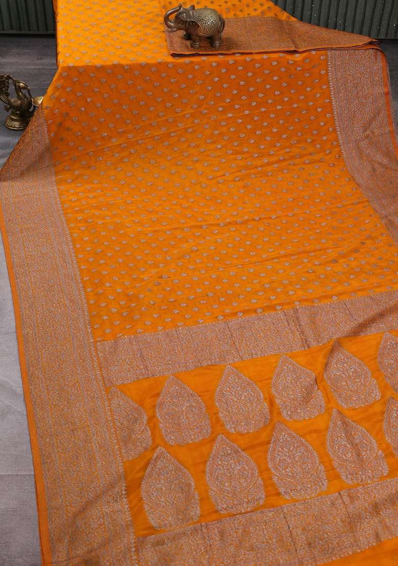 Banarasi Semi Crepe Saree Mango Yellow With Woven Buttas And Woven Border With Buttas And Brocade Design For Women - Indya