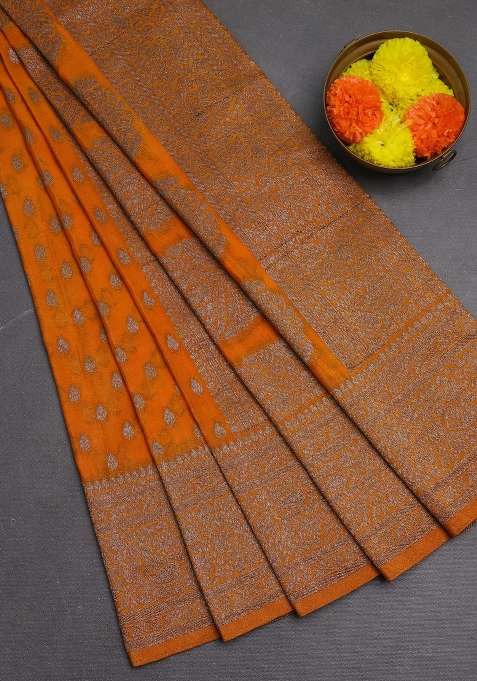 Banarasi Semi Crepe Saree Mango Yellow With Woven Buttas And Woven Border With Buttas And Brocade Design For Women