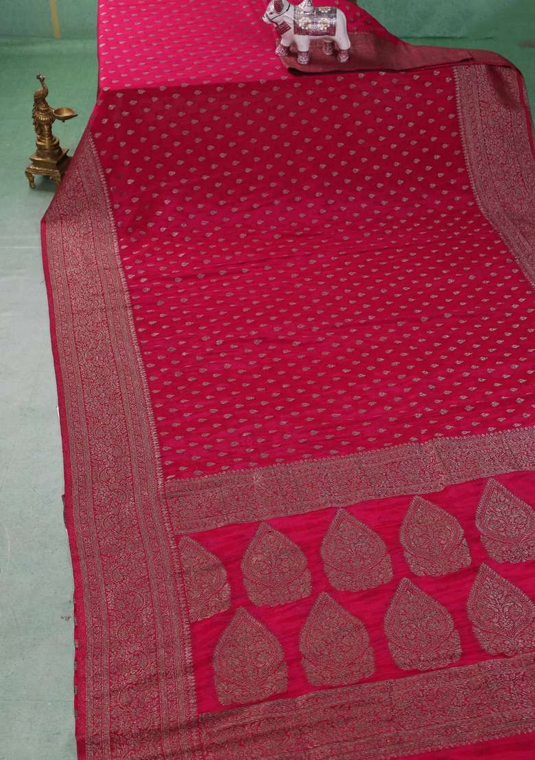 Banarasi Semi Crepe Saree Pink With Woven Buttas And Woven Border With Buttas And Brocade Design For Women - Indya