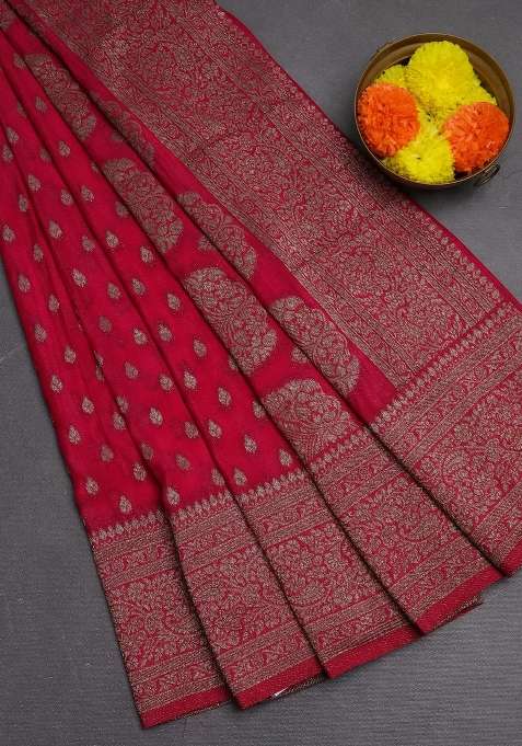 Banarasi Semi Crepe Saree Pink With Woven Buttas And Woven Border With Buttas And Brocade Design For Women