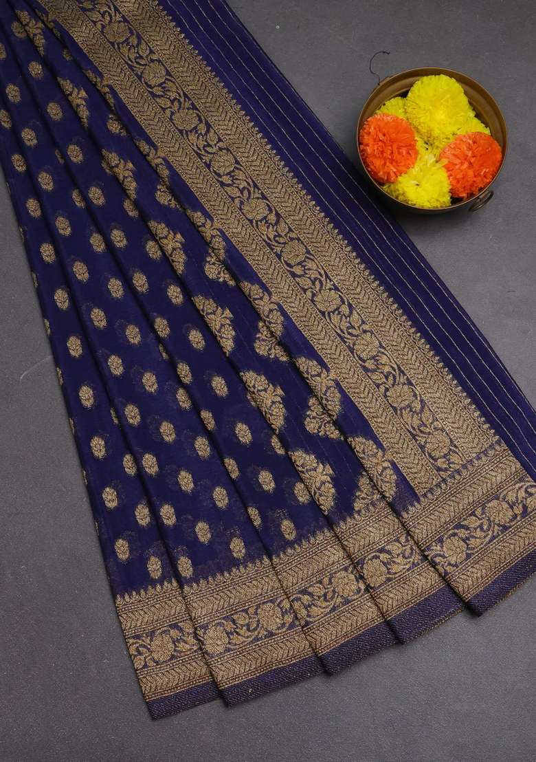 Banarasi Semi Crepe Saree Blue With Allover Woven Buttas And Woven Border With Buttas And Brocade Design For Women - Indya