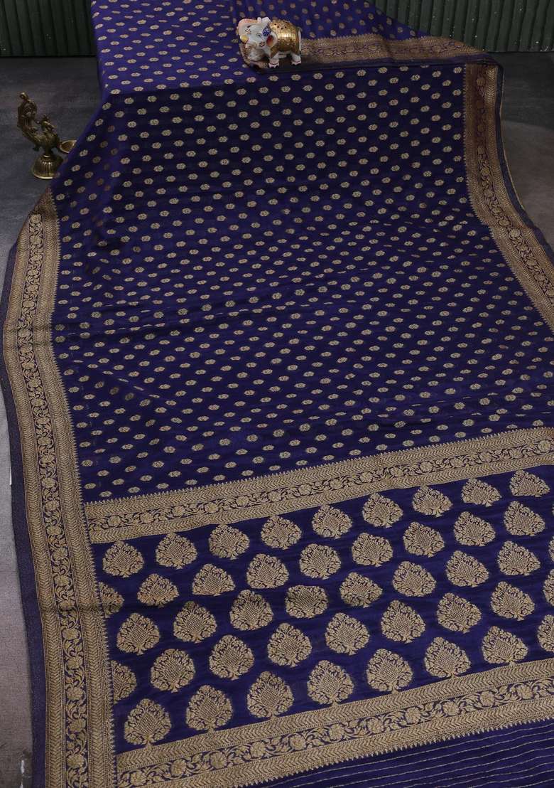 Banarasi Semi Crepe Saree Blue With Allover Woven Buttas And Woven Border With Buttas And Brocade Design For Women - Indya