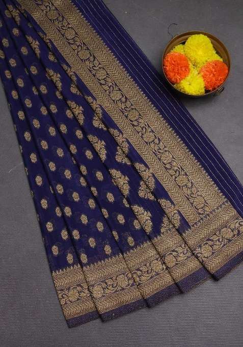 Banarasi Semi Crepe Saree Blue With Allover Woven Buttas And Woven Border With Buttas And Brocade Design For Women