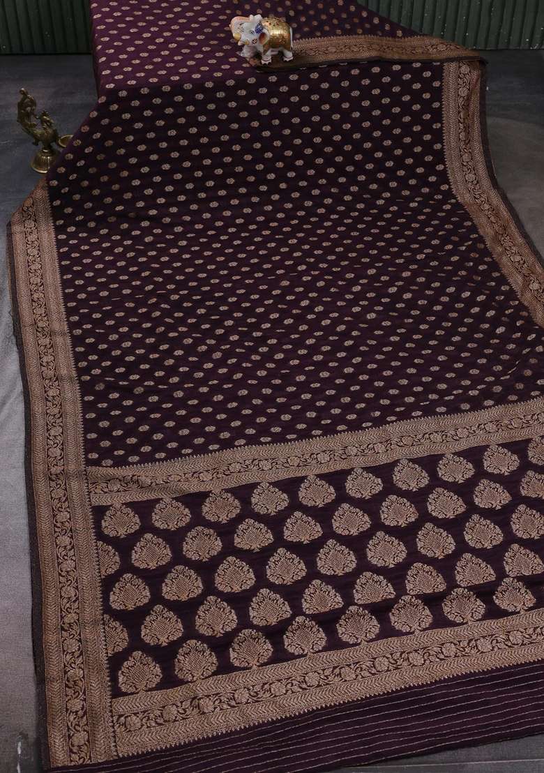 Banarasi Semi Crepe Saree Deep Wine With Allover Woven Buttas And Woven Border With Buttas And Brocade Design For Women - Indya