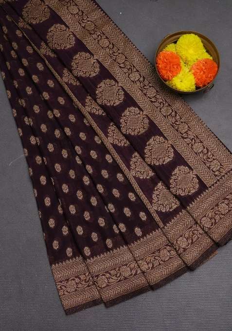 Banarasi Semi Crepe Saree Deep Wine With Allover Woven Buttas And Woven Border With Buttas And Brocade Design For Women