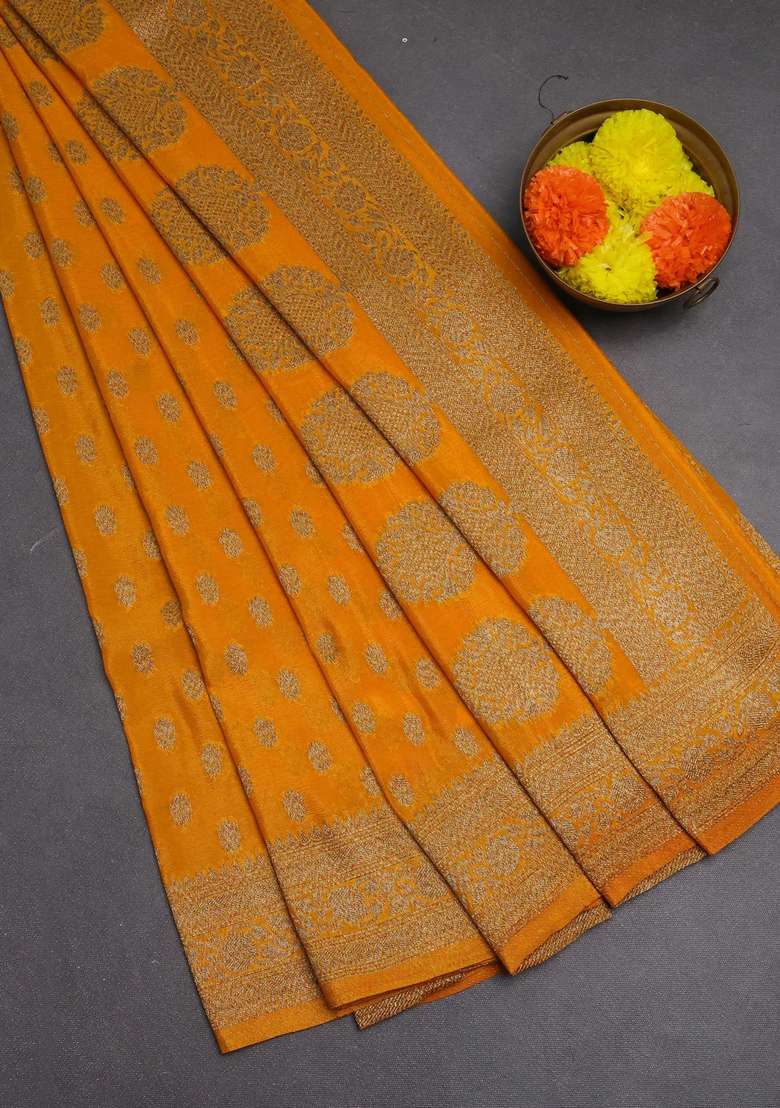 Banarasi Semi Crepe Saree Mango Yellow With Allover Woven Buttas And Woven Border With Buttas And Brocade Design For Women - Indya