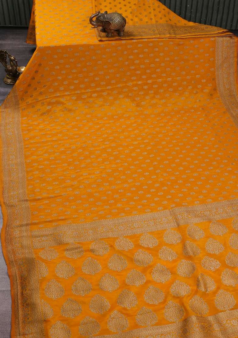 Banarasi Semi Crepe Saree Mango Yellow With Allover Woven Buttas And Woven Border With Buttas And Brocade Design For Women - Indya
