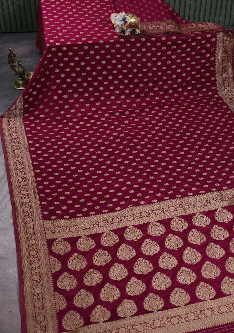 Banarasi Semi Crepe Saree Wine Shade With Allover Woven Buttas And Woven Border With Buttas And Brocade Design For Women - Indya