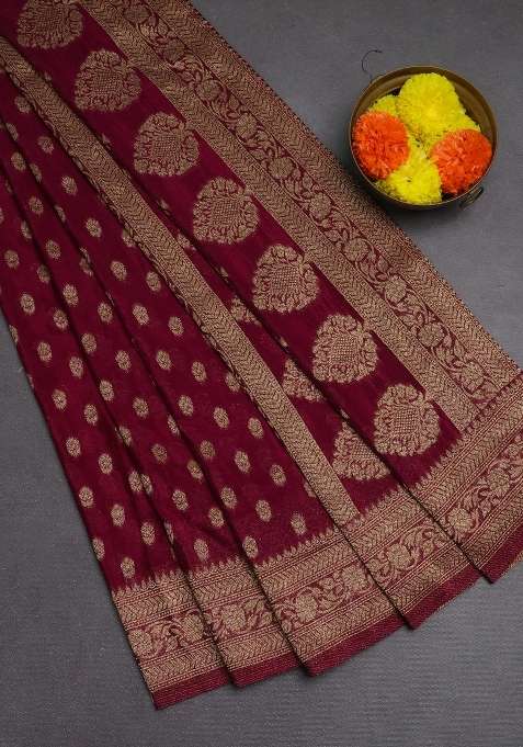 Banarasi Semi Crepe Saree Wine Shade With Allover Woven Buttas And Woven Border With Buttas And Brocade Design For Women