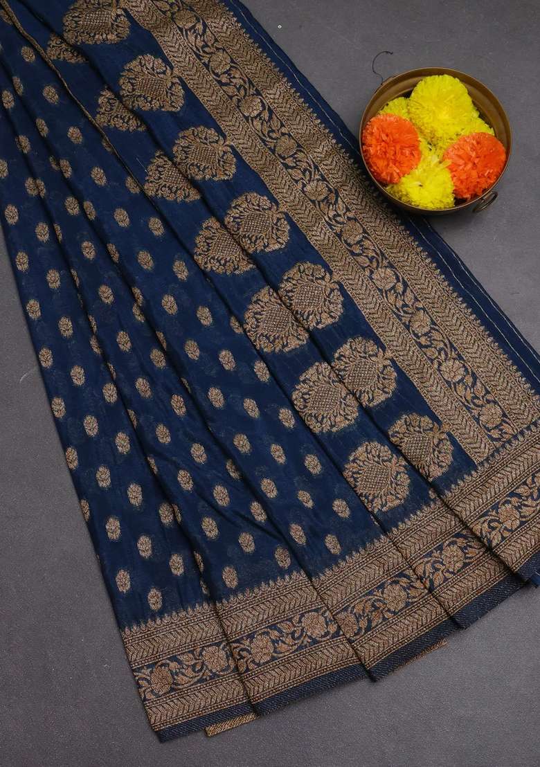 Banarasi Semi Crepe Saree Peacock Blue With Allover Woven Buttas And Woven Border With Buttas And Brocade Design For Women - Indya